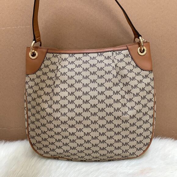 MICHAEL KORS JET SET Logo Nat'l/Acorn Large Pleated NS Convertible Shoulder Bag - Picture 5 of 16